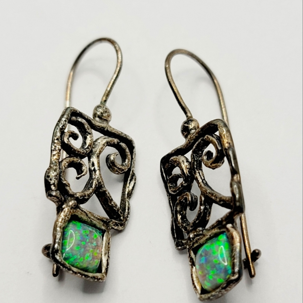 Vintage Sterling Silver 925 Swirl Abstract Opal Dangle Earrings Hallmarked